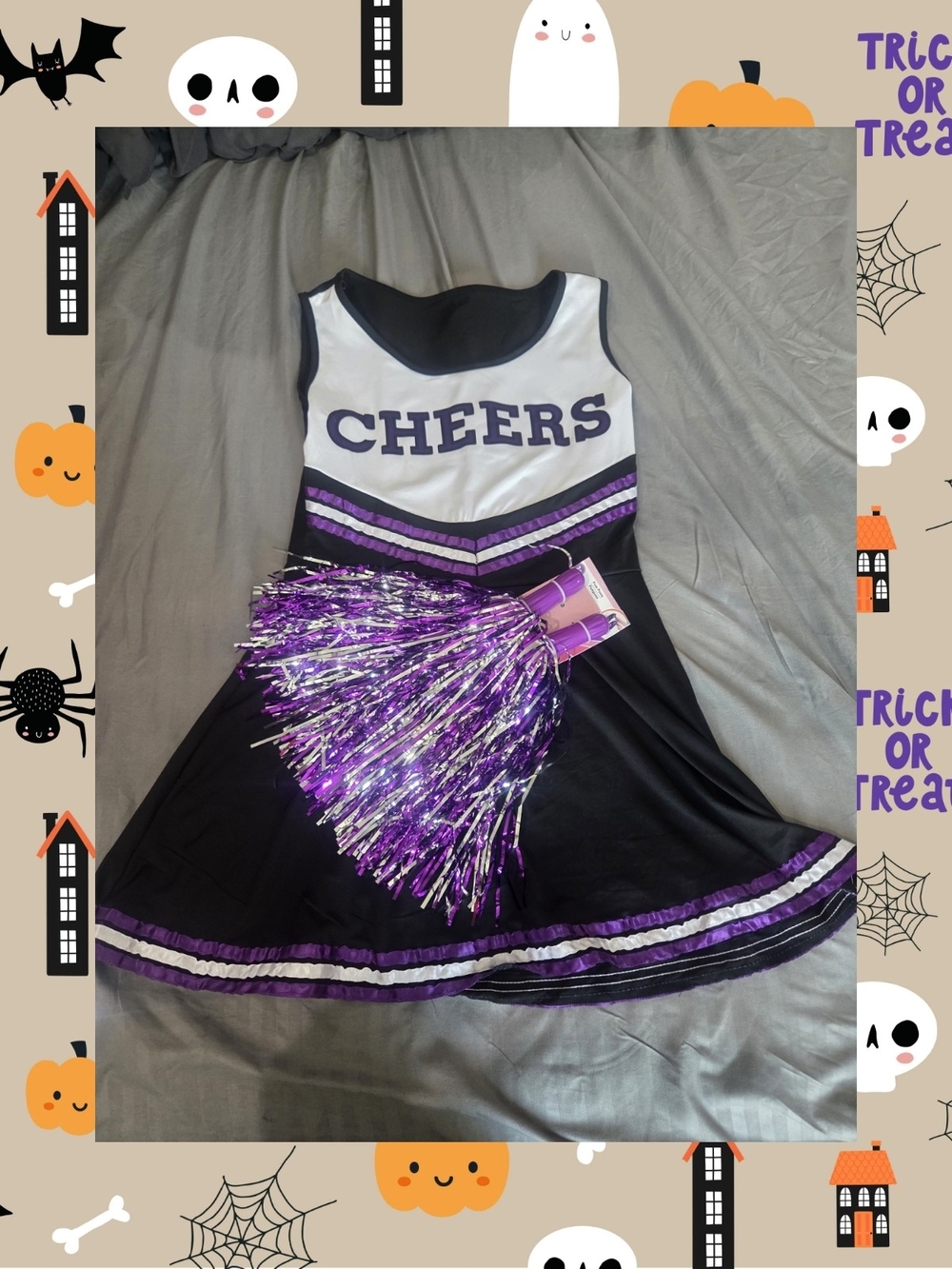 Purple and Black Cheerleader Costume with Pom Poms
